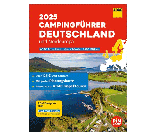 Buchumschlag: "2025 Campingführer Deutschland". Landschaftsbild mit ADAC-Logo, rote und blaue Farbtöne.