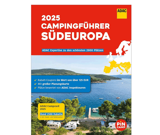 Buchdeckel des ADAC Campingführers Südeuropa 2025 mit Küstenlandschaft und Rabatt-Infos.